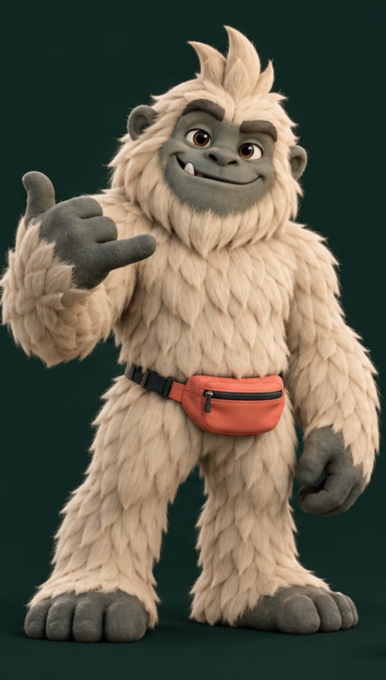 Gnar, Trailsy's sasquatch mascot, throwing a shaka and wearing a coral waist pack.
